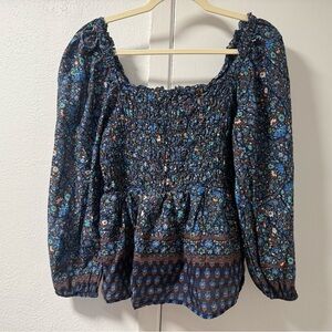 Vineyard Vines Navy Floral Smocked Peasant Blouse